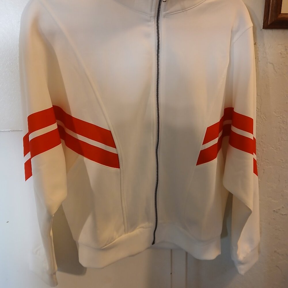 NEW Fashion Nova (Uoozee label) 70's, oversized cream track JACKET red stripe M